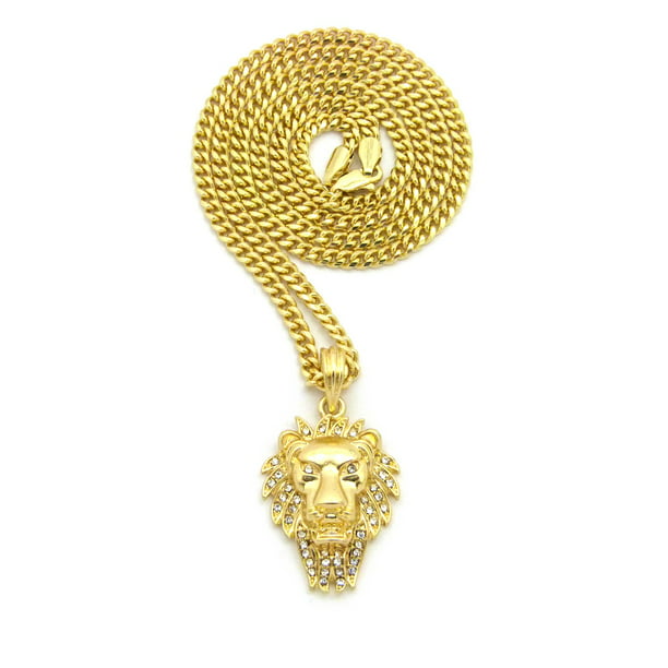 NYFASHION101 Engraved Lion Head Pendant 36 Wooden Bead Chain Necklace in Two Tone Black 